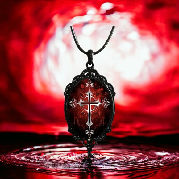 Gothic Vintage Style Vampire Cross Necklace Glass Pendant Rope Chain Choker Acce - Picture 2 of 14